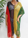 Fringe Color Block Scoop Neck Cover Up - Hovatok