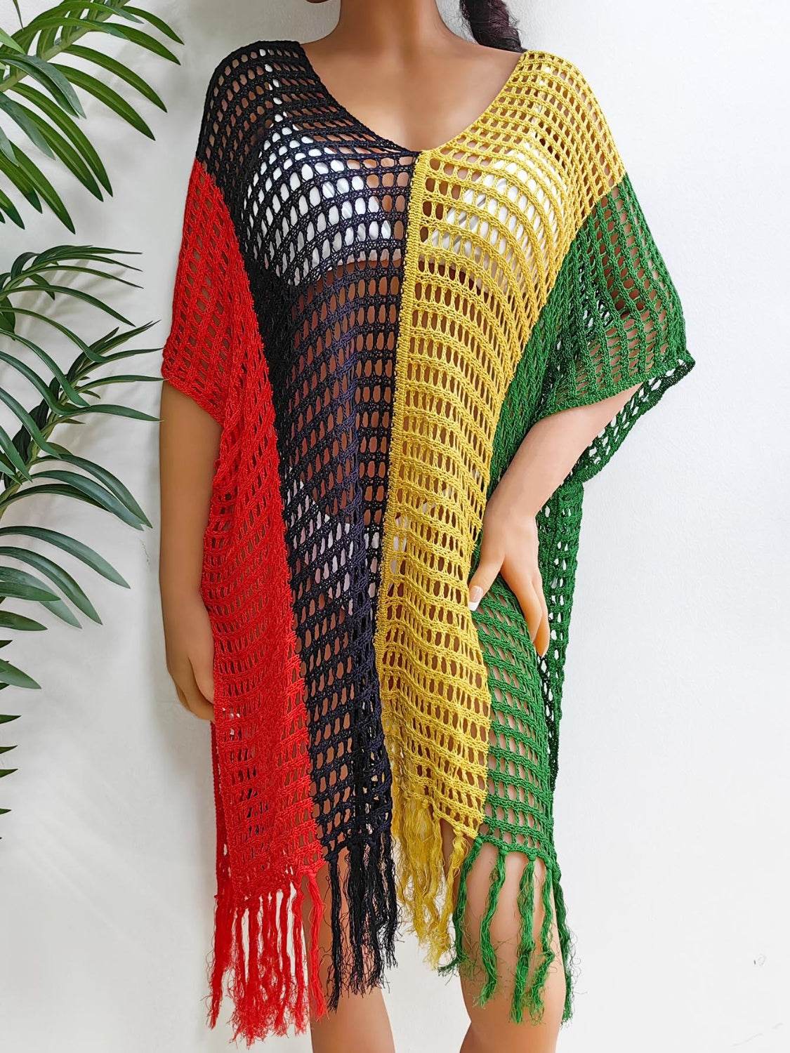 Fringe Color Block Scoop Neck Cover Up - Hovatok
