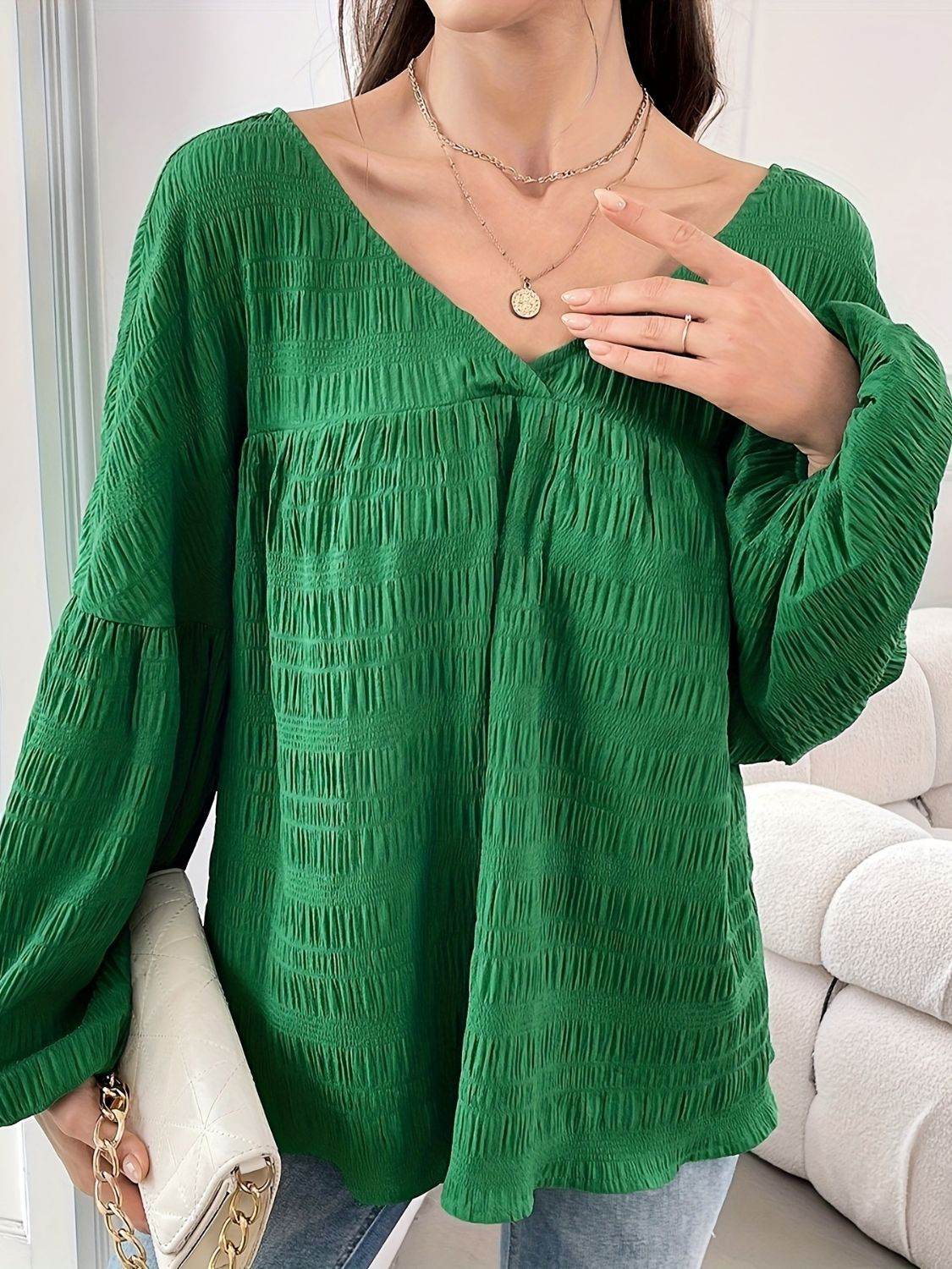 Plus Size Texture V-Neck Long Sleeve Top - Hovatok