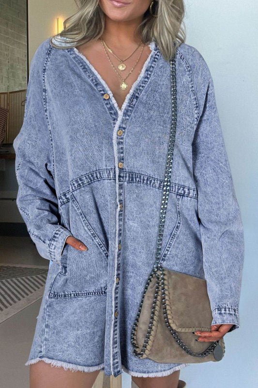 Raw Hem Button Down Long Sleeve Denim Dress - Hovatok