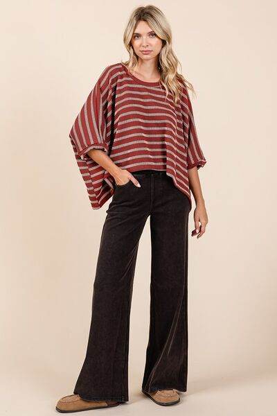 Mittoshop Texture Striped Print Round Neck Dolman Sleeve Top - Hovatok