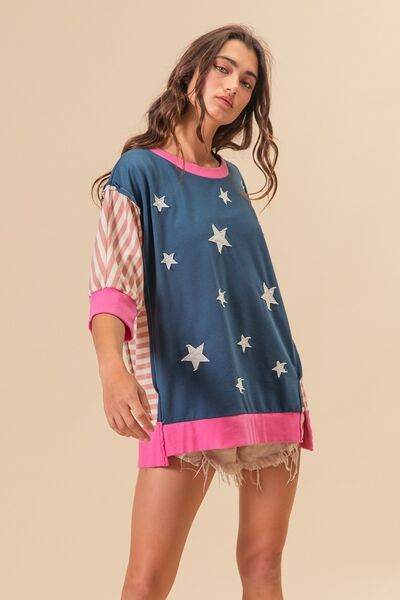 BiBi US Flag Theme Color Block Star Patch T-Shirt - Hovatok