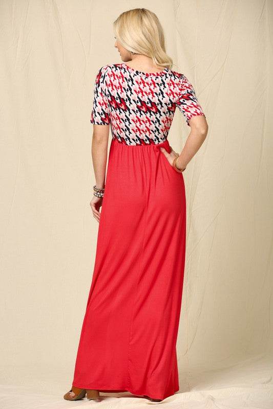 Celeste Full Size Houndstooth Round Neck Short Sleeve Maxi Dress Plus Size - Hovatok