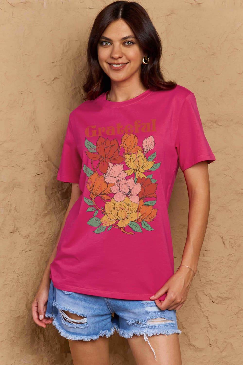 Simply Love Full Size GRATEFUL Flower Graphic Cotton T-Shirt - Hovatok