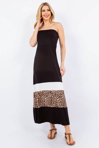 Celeste Full Size Leopard Color Block Tube Maxi Dress Plus Size - Hovatok