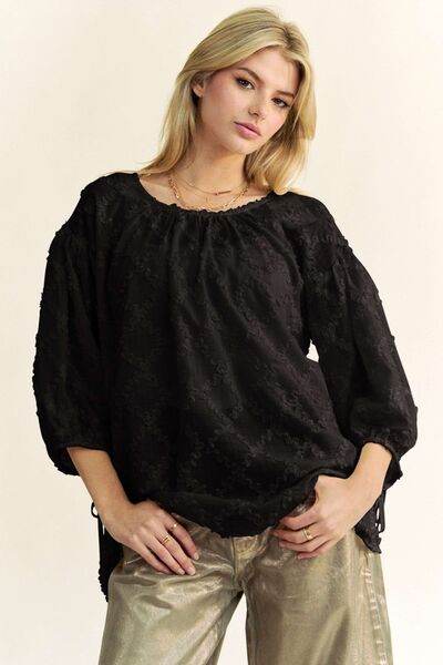 Davi & Dani Tied Round Neck Mesh Blouse - Hovatok
