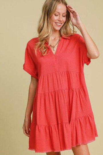 Umgee Full Size Raw Hem Folded Sleeve Tiered Dress Plus Size - Hovatok