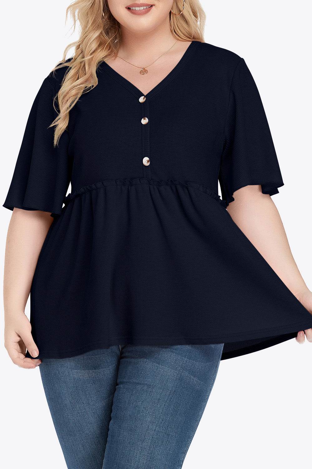 Plus Size Buttoned V-Neck Frill Trim Babydoll Blouse - Hovatok