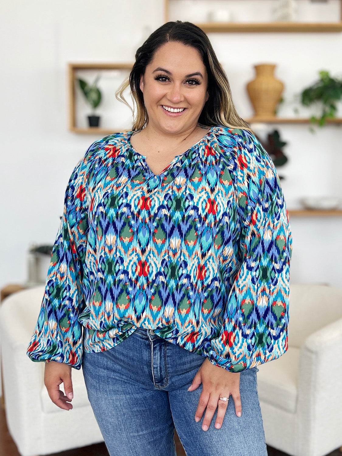 Double Take Full Size Printed Balloon Sleeve Blouse - Hovatok