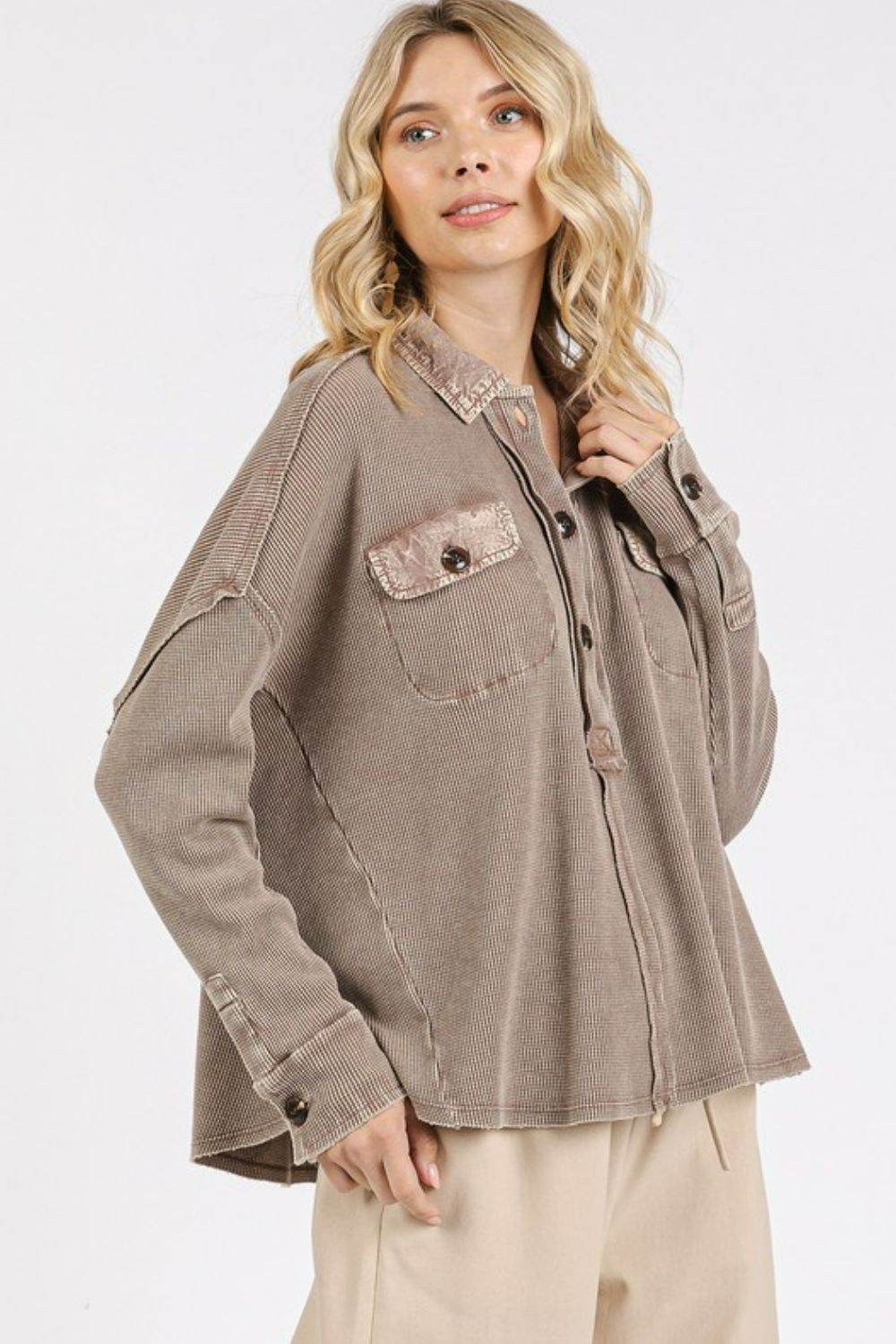 Mittoshop Mineral Wash Waffle Knit Collared Neck Henley Top - Hovatok