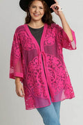 Umgee Full Size Floral Lace Open Front Kimono Sleevee Cover Up with Waist Tie Plus Size - Hovatok