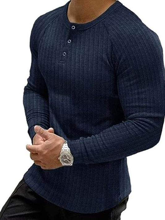Men's Full Size Ribbed Round Neck Long Sleeve T-Shirt Plus Size - Hovatok