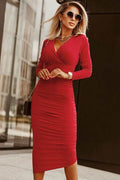 Ruched Surplice Long Sleeve Midi Dress - Hovatok