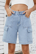 High Rise Denim Shorts with Cargo Pockets - Hovatok