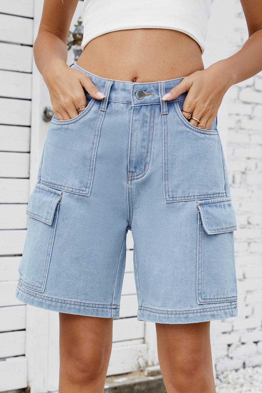High Rise Denim Shorts with Cargo Pockets - Hovatok