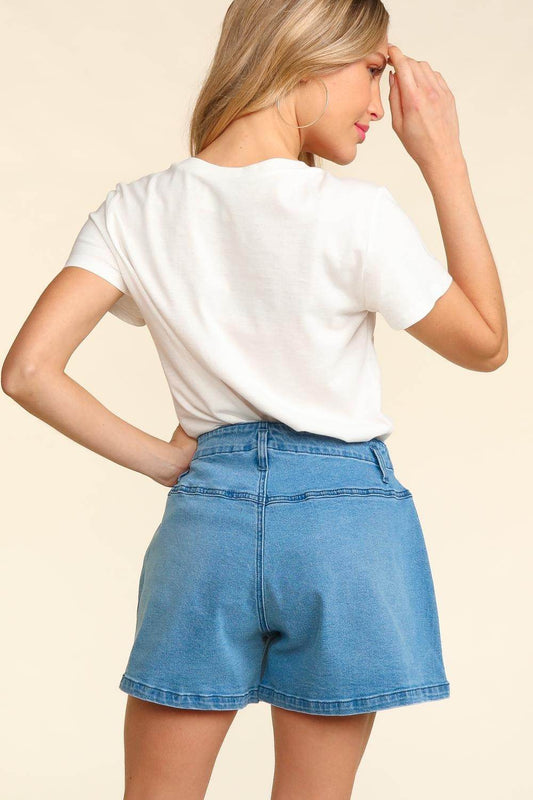 Haptics High Rise Button Fly Washed Denim Shorts - Hovatok