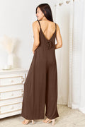 Double Take Full Size Soft Rayon Spaghetti Strap Tied Wide Leg Jumpsuit - Hovatok
