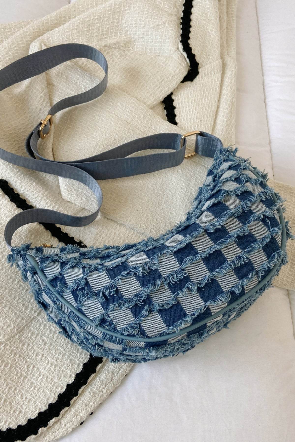 Raw Hem Checkered Denim Crossbody Bag - Hovatok