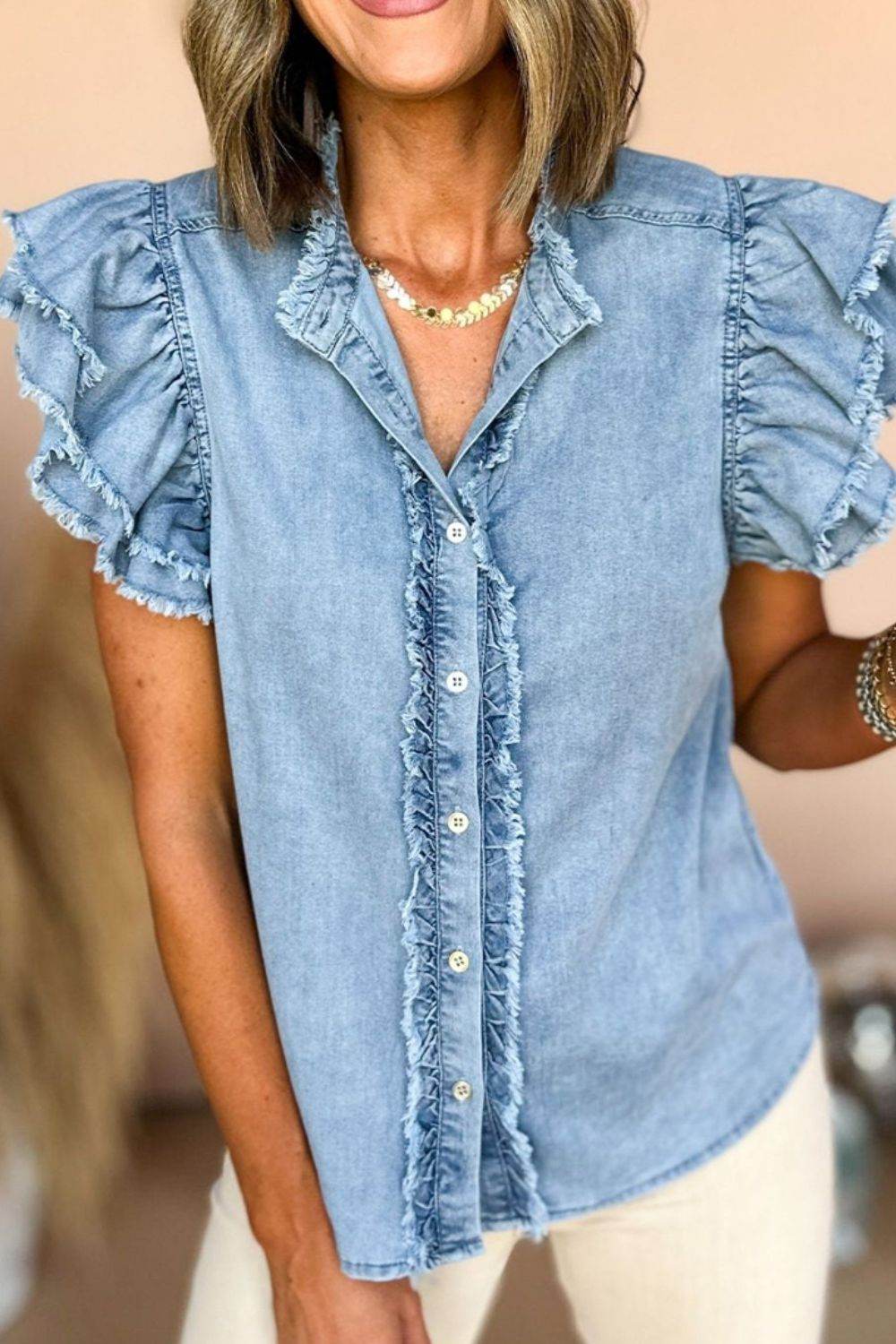 Button Down Raw Hem Ruffled Denim Shirt - Hovatok