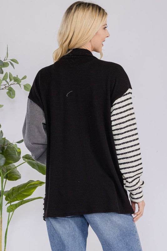 Celeste Full Size Striped Button Up Dropped Shoulder Shacket - Hovatok