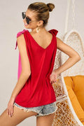 BiBi Shoulder Ribbon Tied Contrast Tank - Hovatok