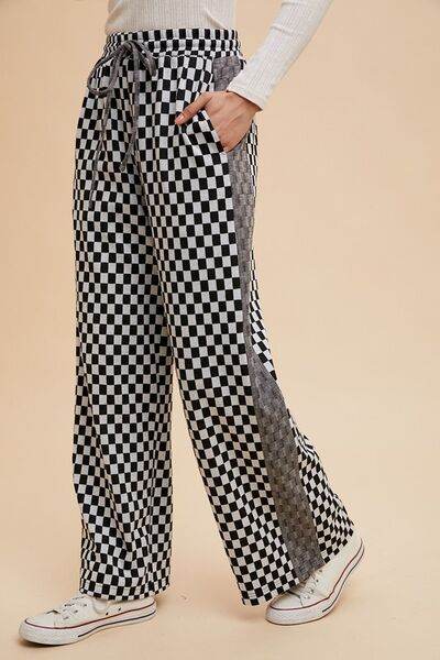 Annie Wear Drawstring Checkered Wide Leg Pants - Hovatok