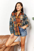 Double Take Plaid Curved Hem Shirt Jacket with Breast Pockets - Hovatok