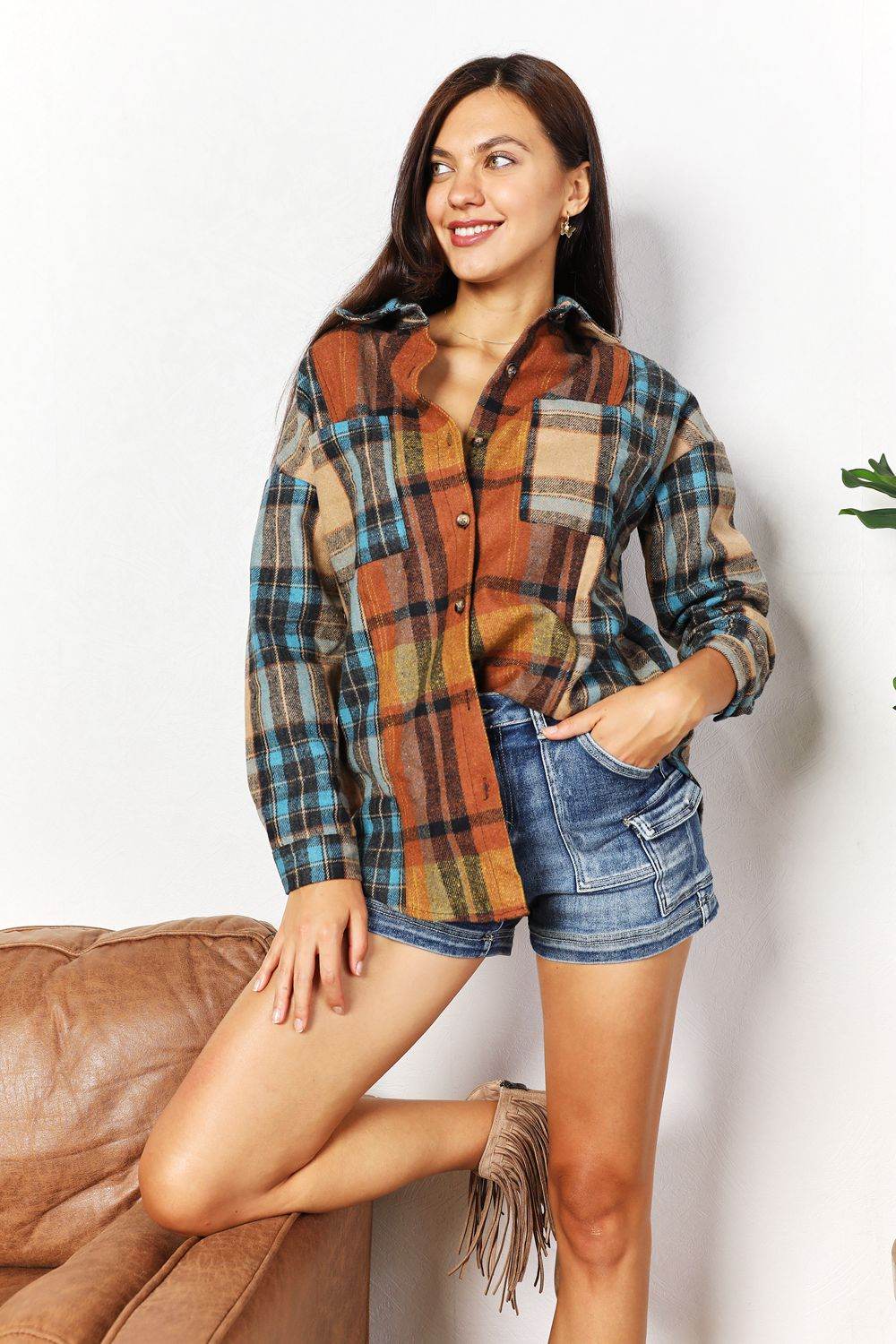 Double Take Plaid Curved Hem Shirt Jacket with Breast Pockets - Hovatok