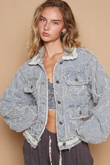 POL Star Textured Raw Hem Long Sleeve Denim Jacket - Hovatok