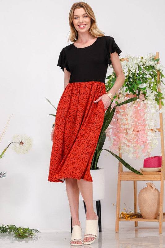 Celeste Full Size Two Tone Animal Print Flutter Sleeve Midi Dress Plus Size - Hovatok