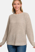 Zenana High Low Long Sleeve Waffle Sweater - Hovatok