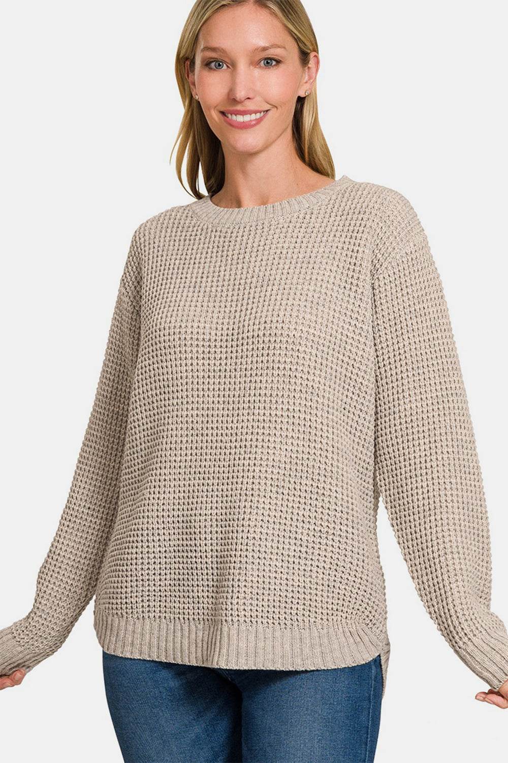 Zenana High Low Long Sleeve Waffle Sweater - Hovatok