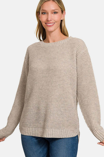 Zenana High Low Long Sleeve Waffle Sweater - Hovatok