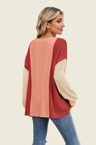 Double Take Texture Contrast Round Neck Long Sleeve T-Shirt - Hovatok