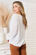 Shiny Eyelet Dropped Shoulder Round Neck Blouse - Hovatok