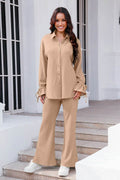 Drawstring Flounce Sleeve Shirt and Pants Set - Hovatok