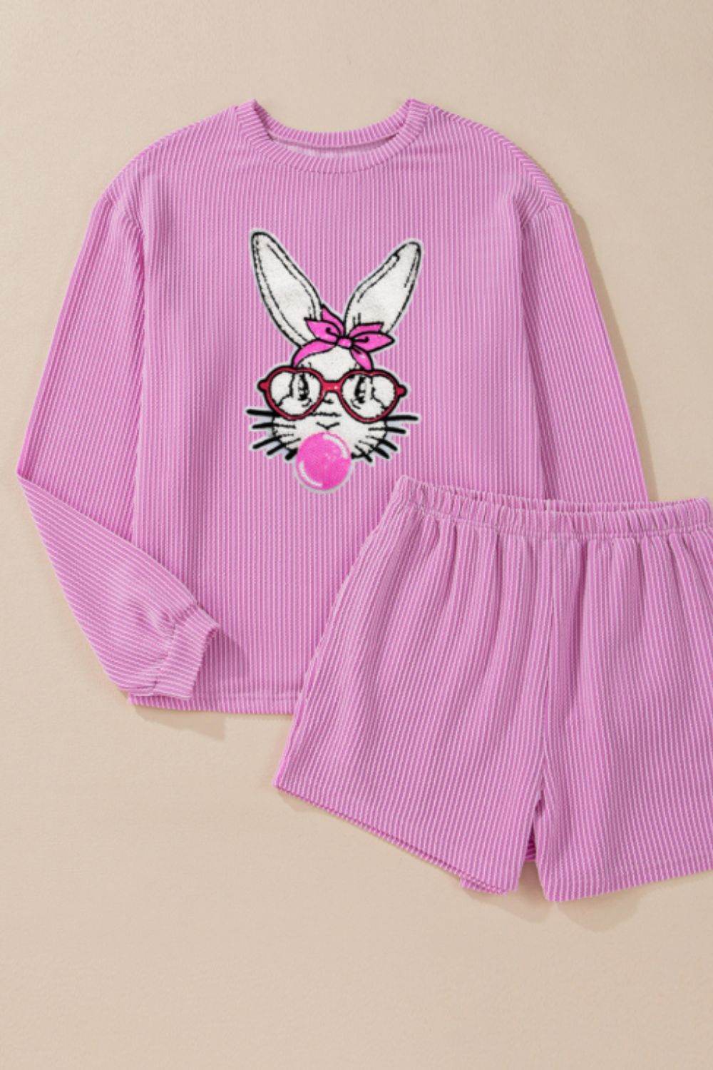 Bubble Gum Rabbit Sequin Corded Rib Top and Shorts Set - Hovatok