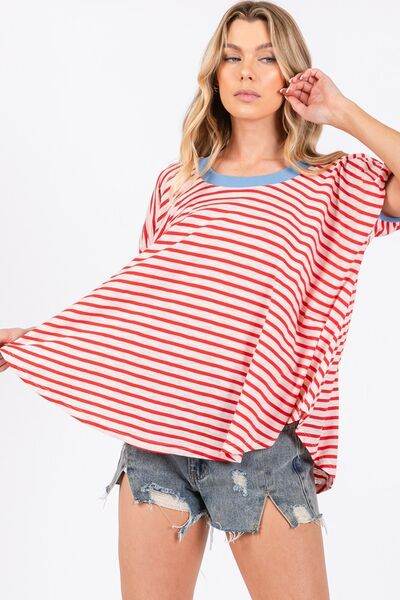 Ces Femme Striped Round Neck Short Sleeve T-Shirt - Hovatok