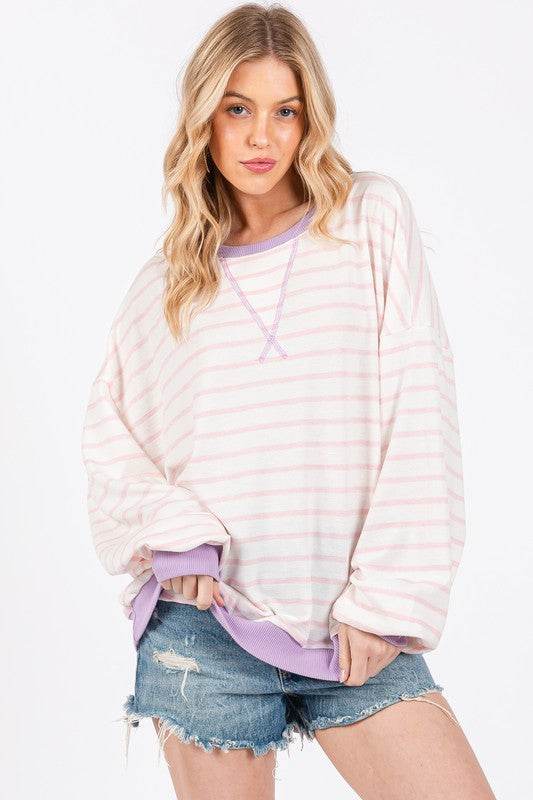 Ces Femme Striped Round Neck Drop Shoulder Sweatshirt - Hovatok