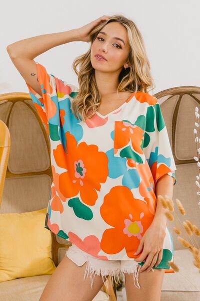 BiBi Floral V Neck Slit Side T-Shirt - Hovatok