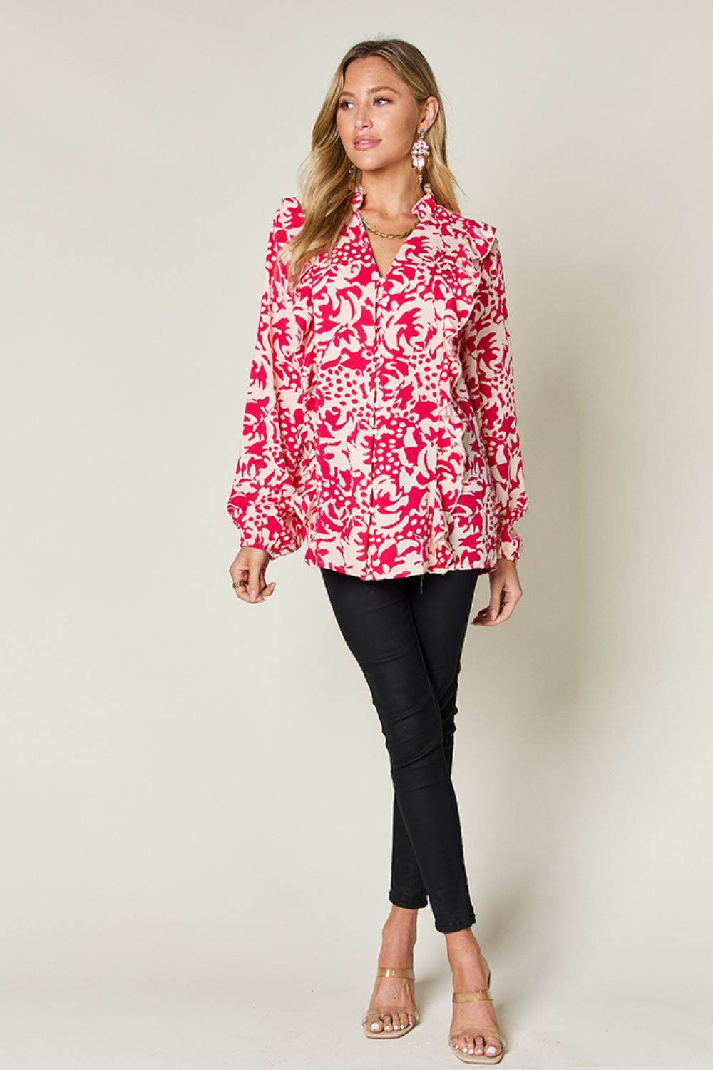 Double Take Full Size Printed Ruffle Trim Balloon Sleeve Shirt - Hovatok