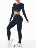 Letter Print Round Neck Long Sleeve Top and Leggings Active Set - Hovatok