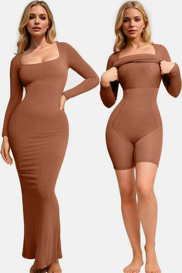 Basic Bae Built-In Shapewear Square Neck Long Sleeve Maxi Dress - Hovatok