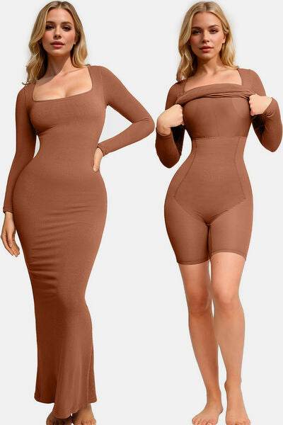 Basic Bae Built-In Shapewear Square Neck Long Sleeve Maxi Dress - Hovatok
