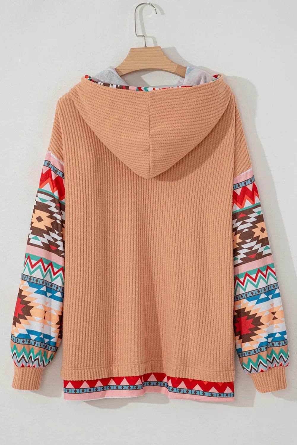 Plus Size Drawstring Geometric Long Sleeve Hoodie - Hovatok