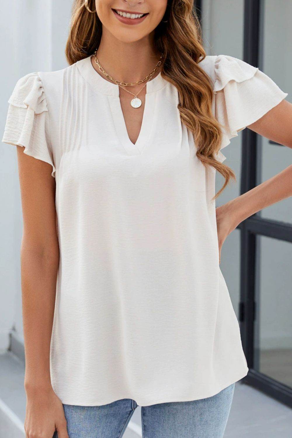 Ruffled Notched Short Sleeve Blouse - Hovatok