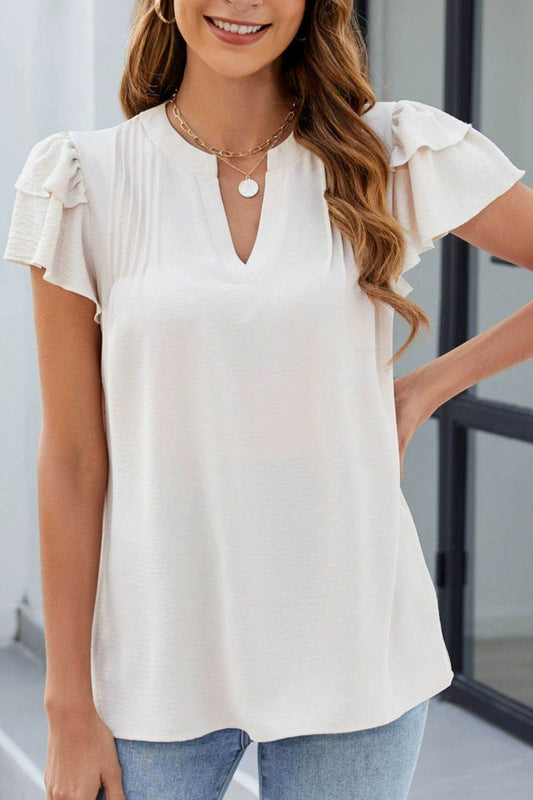 Ruffled Notched Short Sleeve Blouse - Hovatok