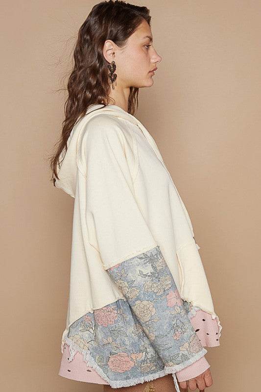 POL Floral Patchwork Distressed Drawstring Hoodie - Hovatok
