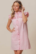 BiBi Washed Button Down Ruffled Cap Sleeve Denim Dress - Hovatok