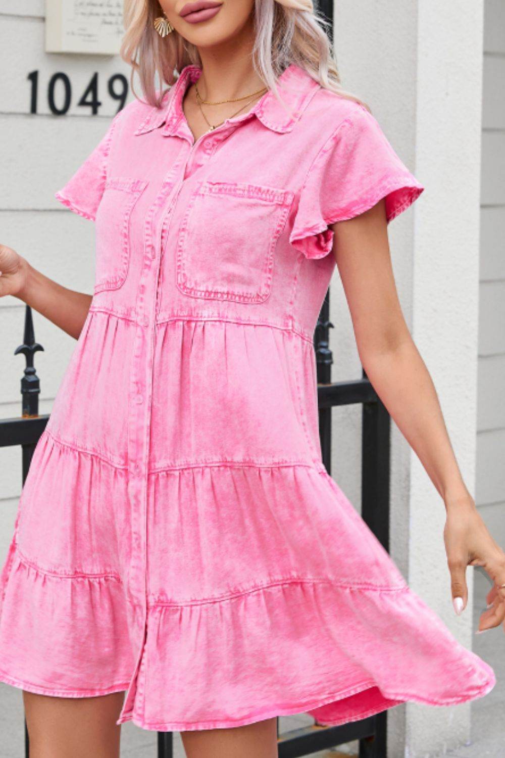 Collared Neck Button Down Mini Denim Dress - Hovatok